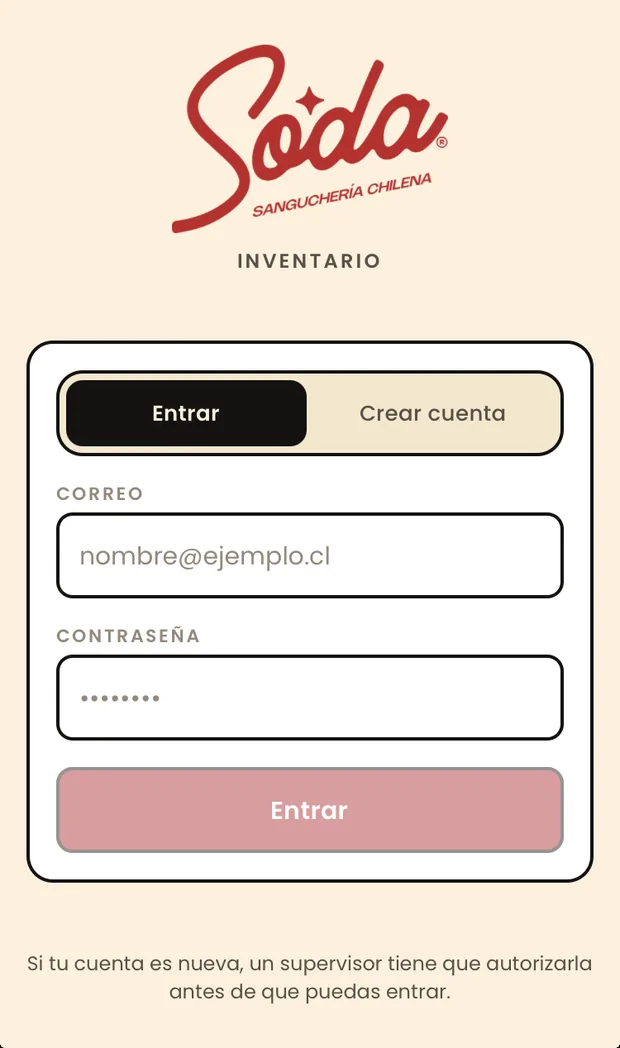 Pantalla de acceso de la aplicación de inventario