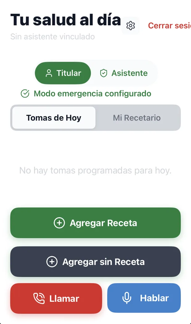 Pantalla de WilZon con las tomas del día y los botones de llamar y hablar